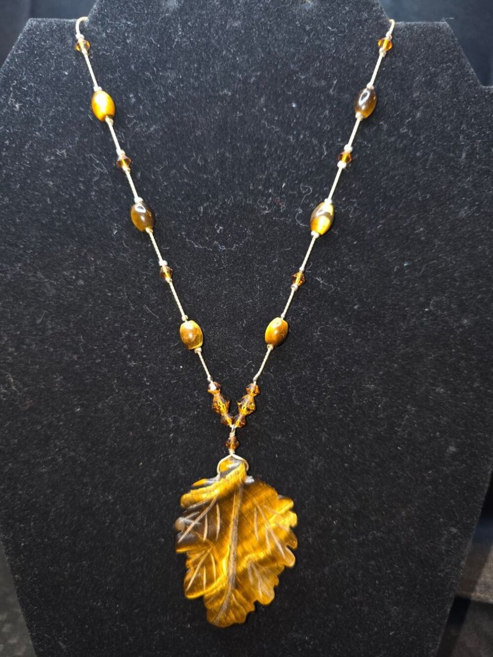 Tiger Eye Beaded Necklace With Leaf Pendant By Dabby Reid Adjustable Chain Autum